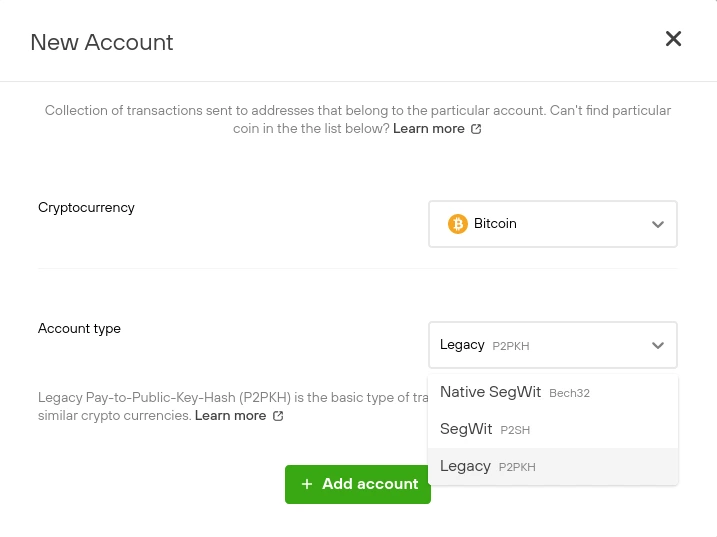 address selection on trezor setup